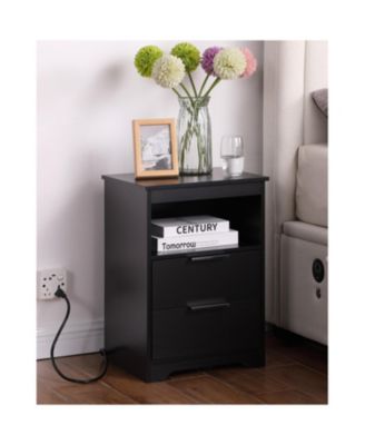 Nightstand with Charging Station & 2 Drawers, Black