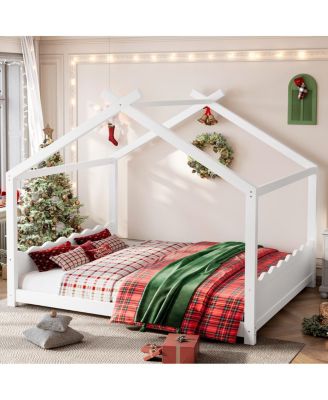 Queen House Floor Bed with Slats, Solid Wood Frame for Kids