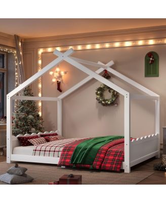 Queen House Floor Bed with Slats, Solid Wood Frame for Kids