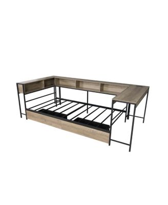 Corner Bed Frame Full Size w/ Bookcase, 2 Drawers, LED & Charging Station