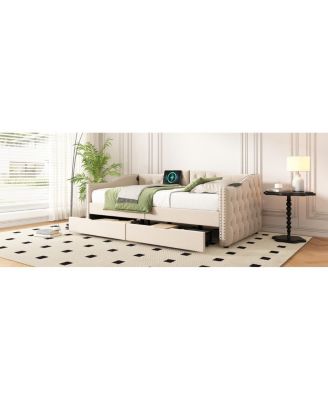 Upholstered Beige Daybed with Storage Drawers - Twin Size