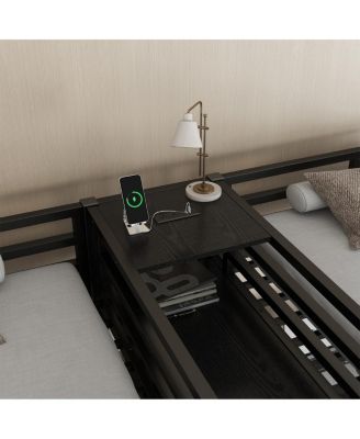 Twin Over Twin Metal Loft Bed with Double Desk, Wardrobe, Shelves & Outlet, Black