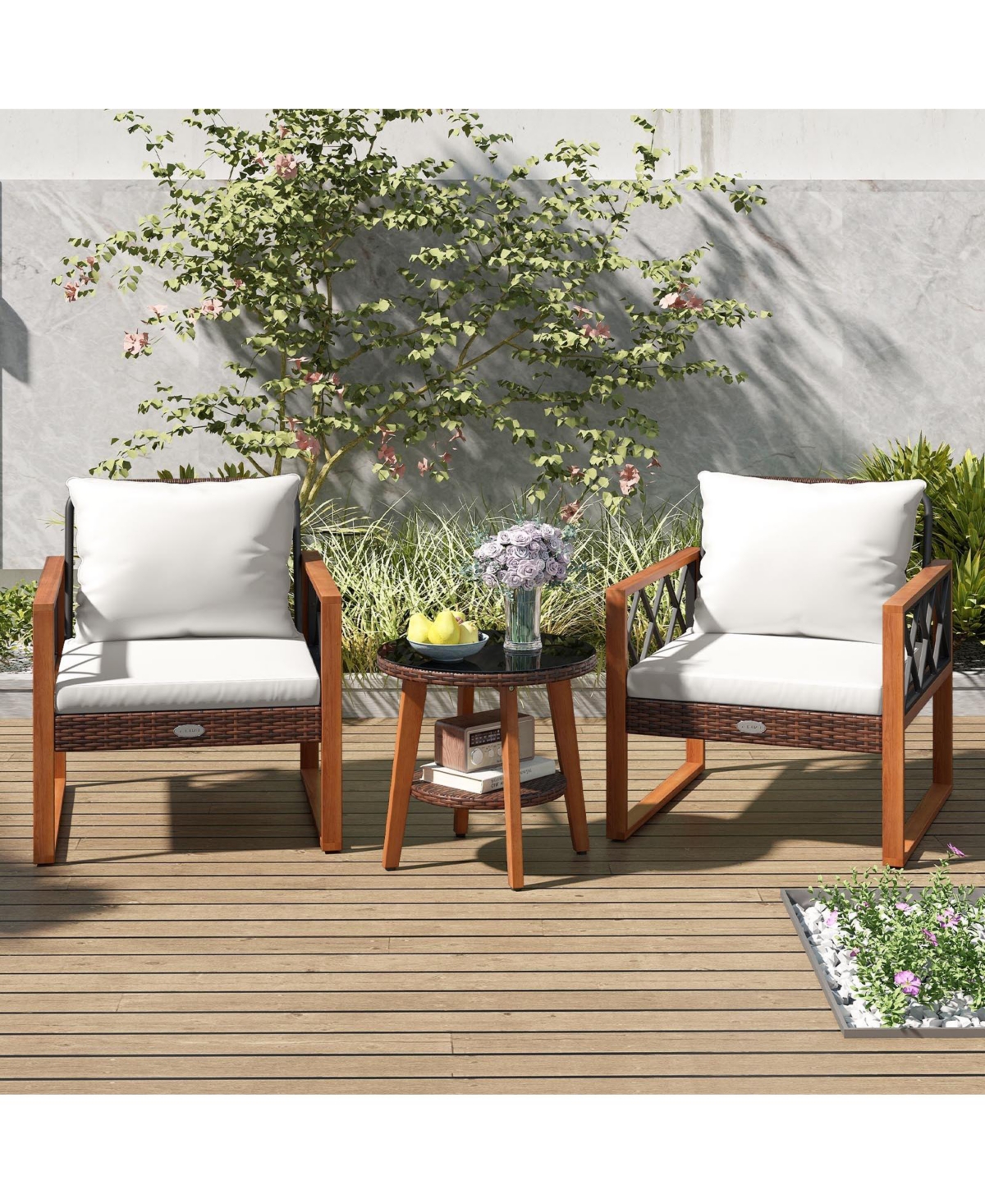 Slickblue 3 Piece Patio Seating Set with Soft Cushions and Glass Top Table