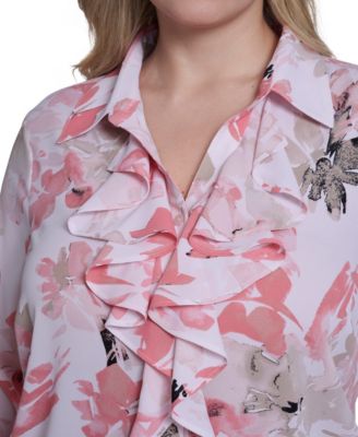 Plus Size Printed Long-Sleeve Ruffle-Front Top