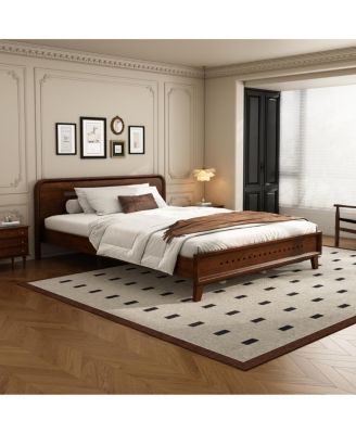 Dark Walnut Queen Bed Frame with Solid Pine Wood Construction