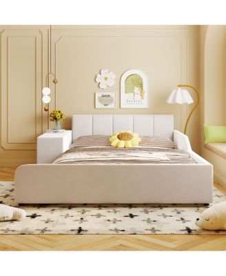  Full Size Upholstered Grounded Bed with Bedside Desk & Stool, Beige