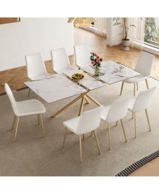 59-inch Expandable Dining Table with Retractable Leaf, Charred Stone Top & Golden X-Base