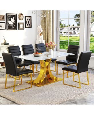 Streamdale Marble patterned glass dining set w/ gold decor: 63" table + 6 chairs.