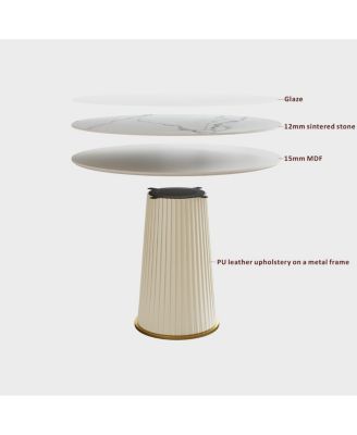 Modern 35.43" Round Dining Table, Glossy Sintered Stone Top, PU Leather Pedestal