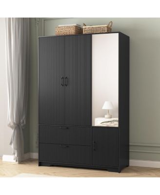 Streamdale 4-Door Wardrobe with Mirror, LED, 2 Drawers, Black