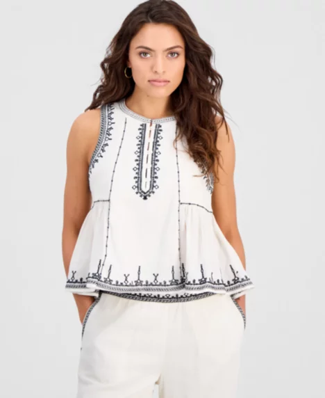 Petite Embroidered-Trim Tank Top - Off White