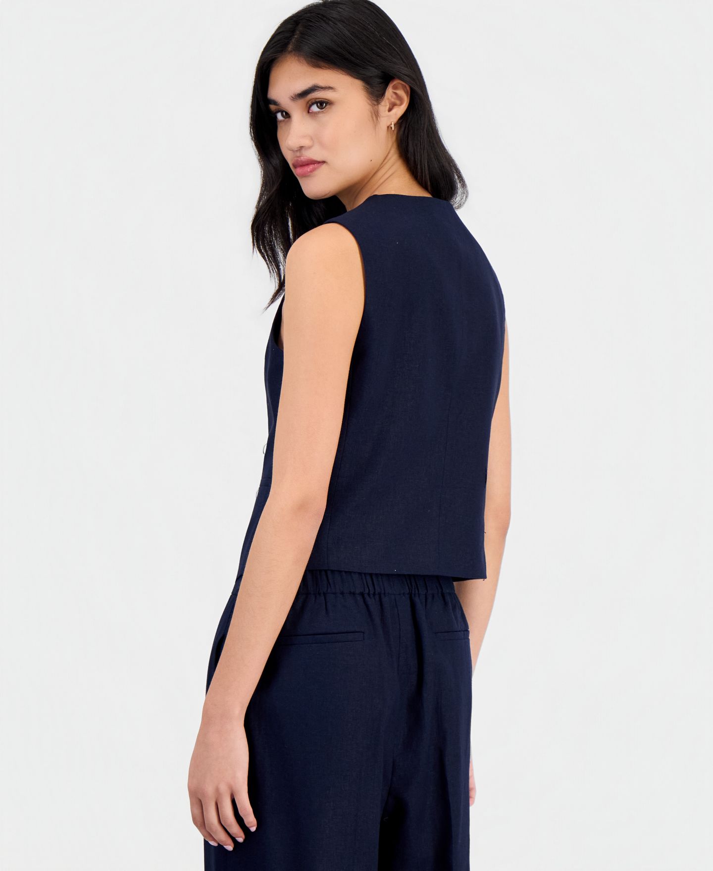 Женский жилет Bar III Linen-Blend Button-Front Vest, цвет: Тёмно-синий — фото 3