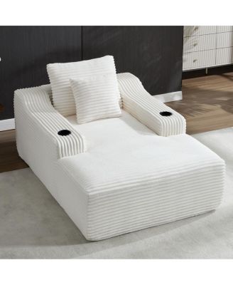 67" Corduroy Chaise Lounge Sleeper Sofa with Armrest, White