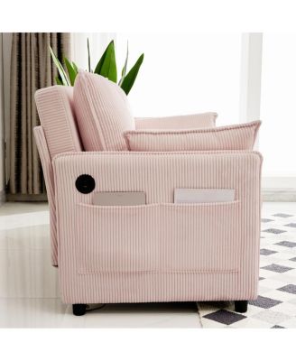55" Convertible Sofa Bed with USB Ports, Modern Corduroy Couch, Pink