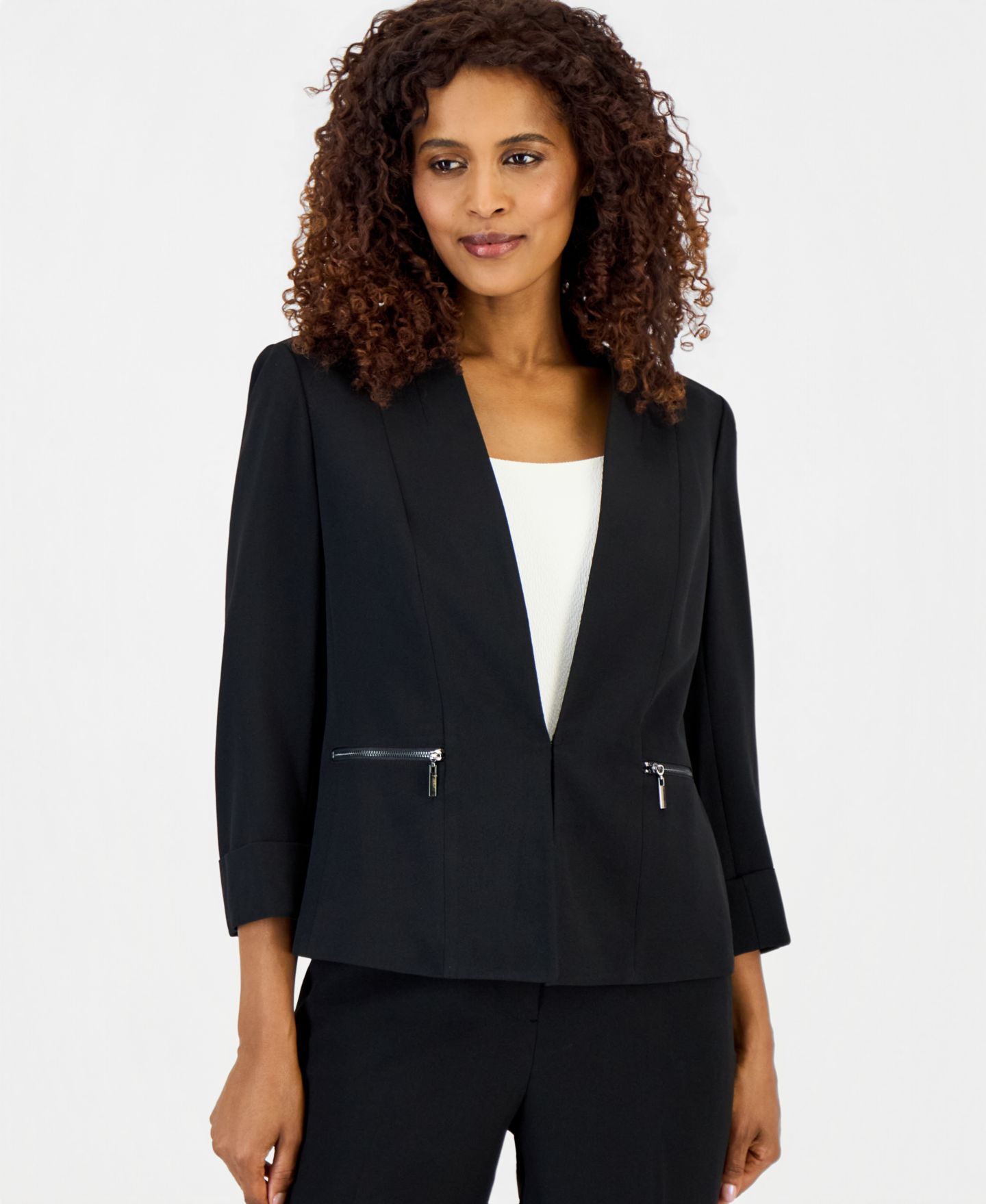 Женский пиджак Kasper Stretch Crepe Collarless ¾-Sleeve Blazer, Regular & Petite, цвет: Чёрный — фото 7