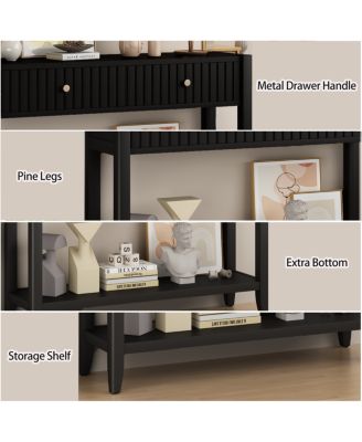  Console Table with Drawers, Narrow Wood Accent Sofa Table, Black