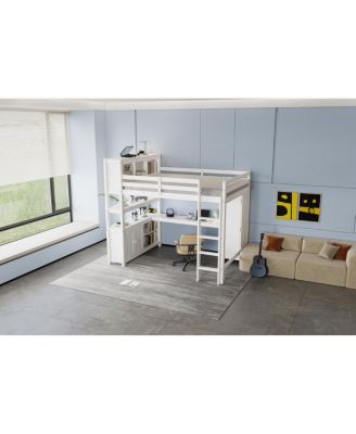 Wood Loft Bed with Cabinet, Bookshelf & Desk