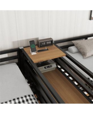Twin Over Twin Metal Loft Bed with Double Desk, Wardrobe, Shelves & Outlet