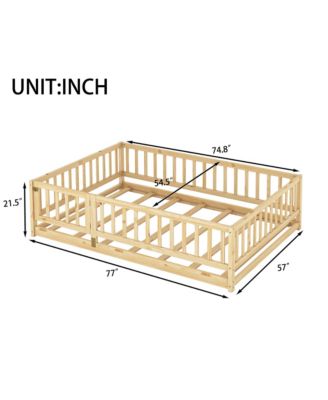 Pine Wood Full Size Floor Bed with Slats, Fence and Door, Montessori Floor Bed for Kids, Girls, Boys