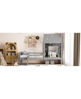 Twin House Bed with Stairs, Window, Bookcase, Blackboard, Star Roof