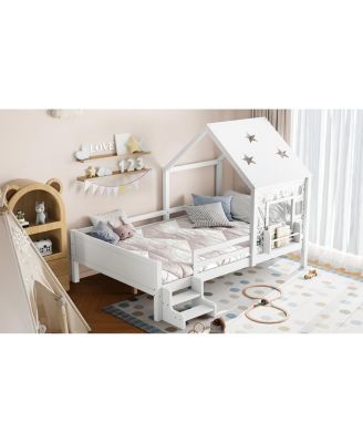 Full House Bed with Low-Profile Stairs, Window, Bookcase, Blackboard, Star Roof