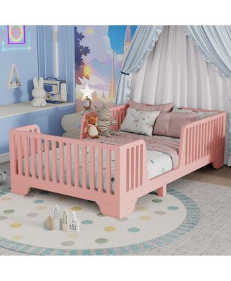 Twin Montessori Floor Bed with Slats, Fence & Door - Pink