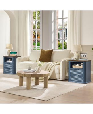 22" Fluted Nightstand with Charging Station, Modern Bedside Table with 2 Drawers and Open Storage for Living Room, Bedroom