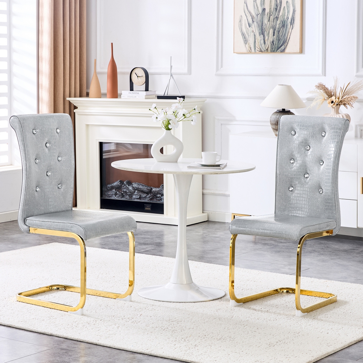 Streamdale Furniture Set of 2 Retro Alligator Upholstered Dining Chairs with Crystal Buckle & Gold Legs