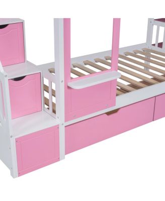 Twin-Over-Twin Castle Style Bunk Bed with 2 Drawers 3 Shelves and Slide - Pink