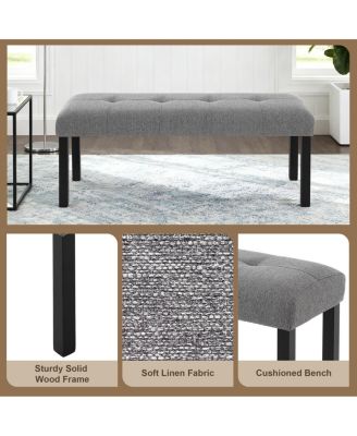 Modern Tufted Linen Dining Bench with Black Rubber Wood Legs