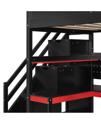 Twin Gaming Loft Bed with Storage Stairs, Desk, Shelves & Pegboard