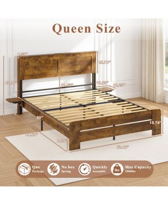 Farmhouse Queen Bed Frame w/ Storage Shelf, LED Lights & Charging Station