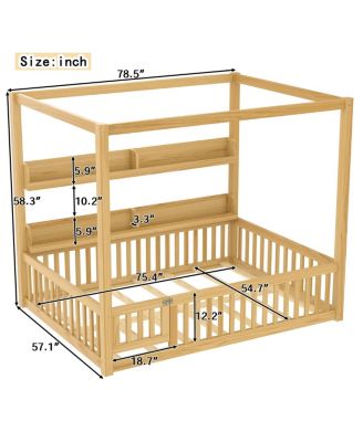 Canopy Bed with Guardrails & Shelves, Montessori Floor Bed Frame