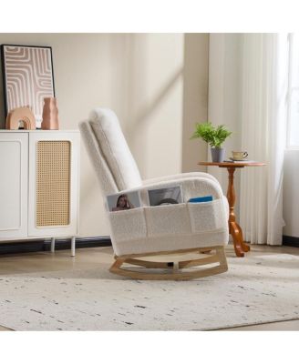 Modern Accent Rocking Chair with Solid Wood Legs & Side Pocket
