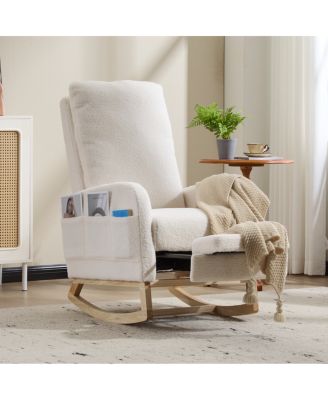 Modern Accent Rocking Chair with Solid Wood Legs & Side Pocket