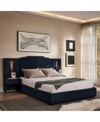 Queen Size Velvet Upholstered Bed Frame with Vertical Stripes