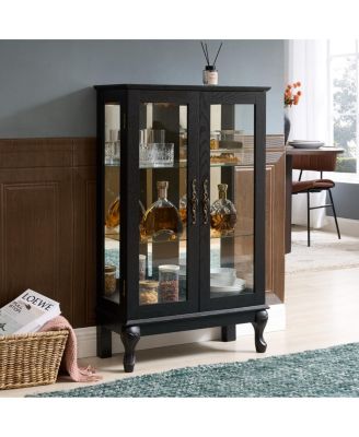 Curio Cabinet with Glass Doors, Lighted Display, Mirrored Back, Adjustable Shelves - Black