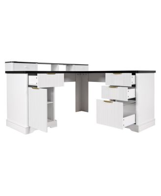 Modern Fluted L-Shaped Desk with Charging Station & Storage