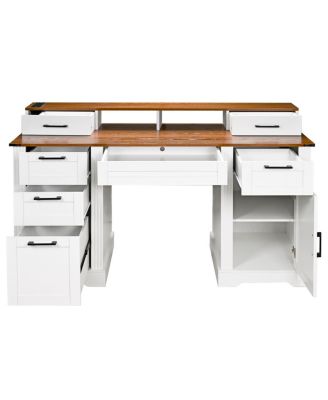 Farmhouse Office Desk with Charging Station & Storage Cabinet