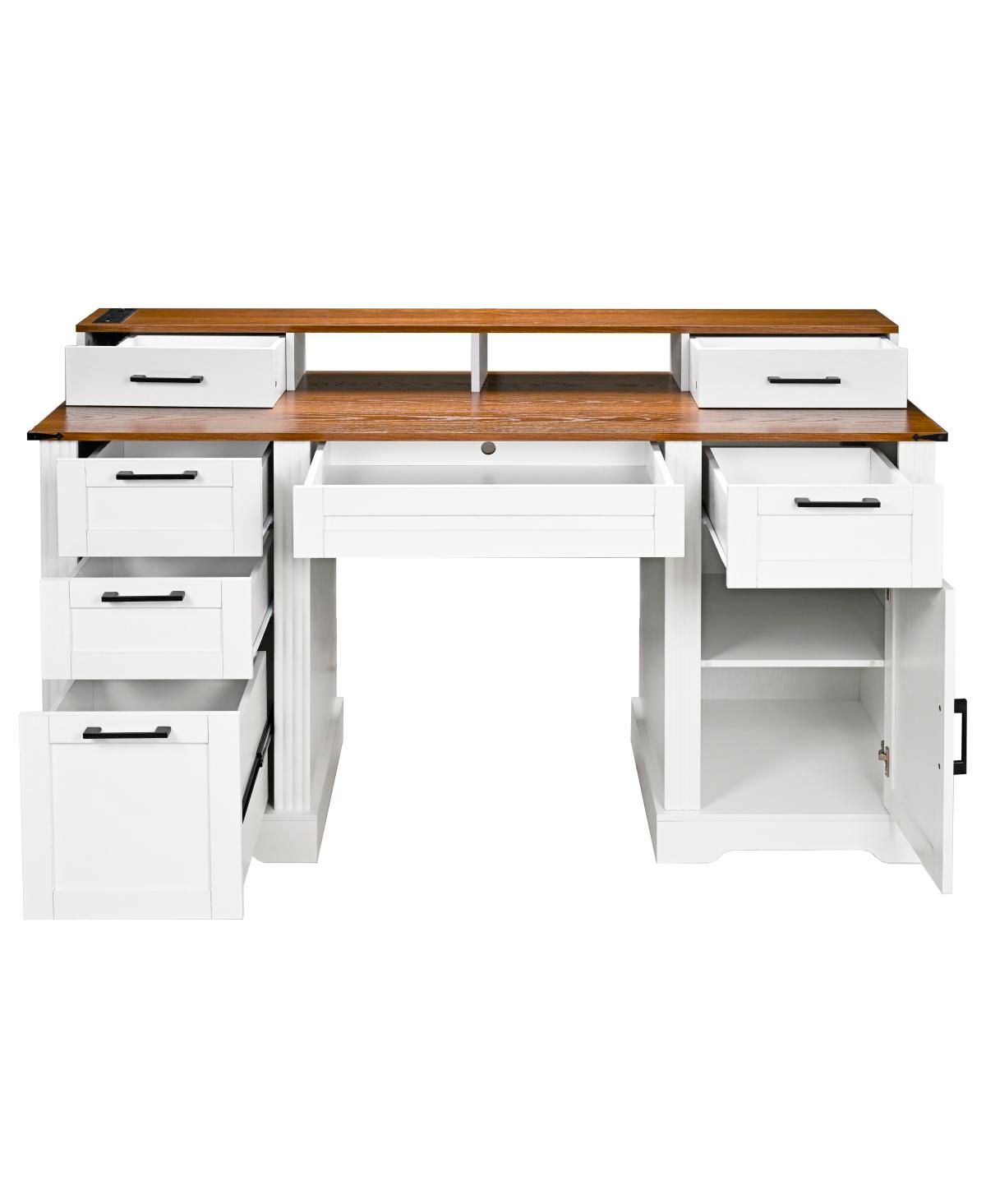 Streamdale Furniture Farmhouse Office Desk with Charging Station & Storage Cabinet