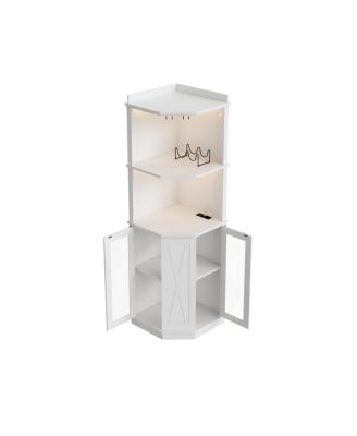 67.3" Farmhouse Corner Bar Cabinet with Power Outlet, Lights & Glass Rack