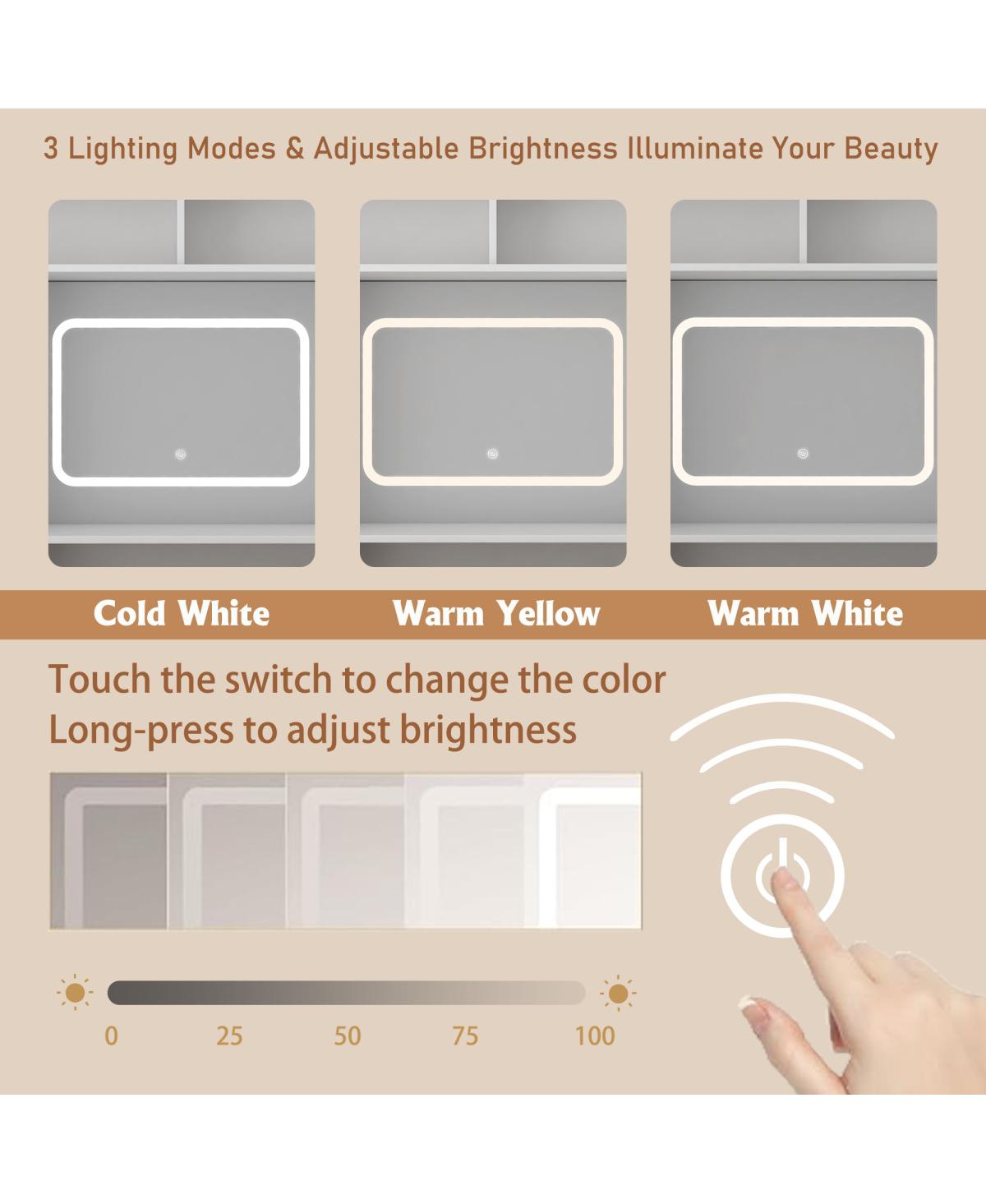 Streamdale Farmhouse Dressing Table with Lighted Mirror and Drawer, White