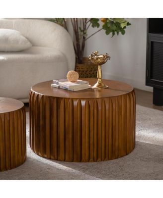 Set of 2 Fluted Round Coffee Tables - Solid Wood Nesting Center Table (26.77"/19.69")