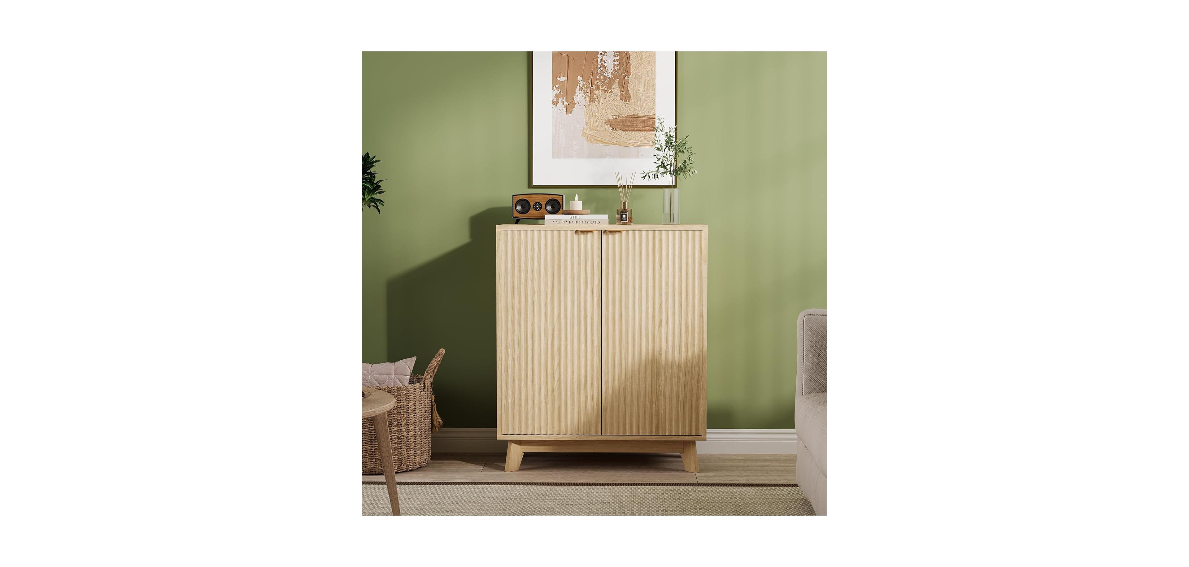 gaomon Fluted Accent Buffet Cabinet with Storage, 2-Door Mid-Century Sideboard with Adjustable Shelves, Beige/Khaki