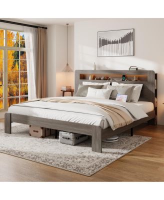 Wood King Bed Frame with Storage, LED Headboard, USB