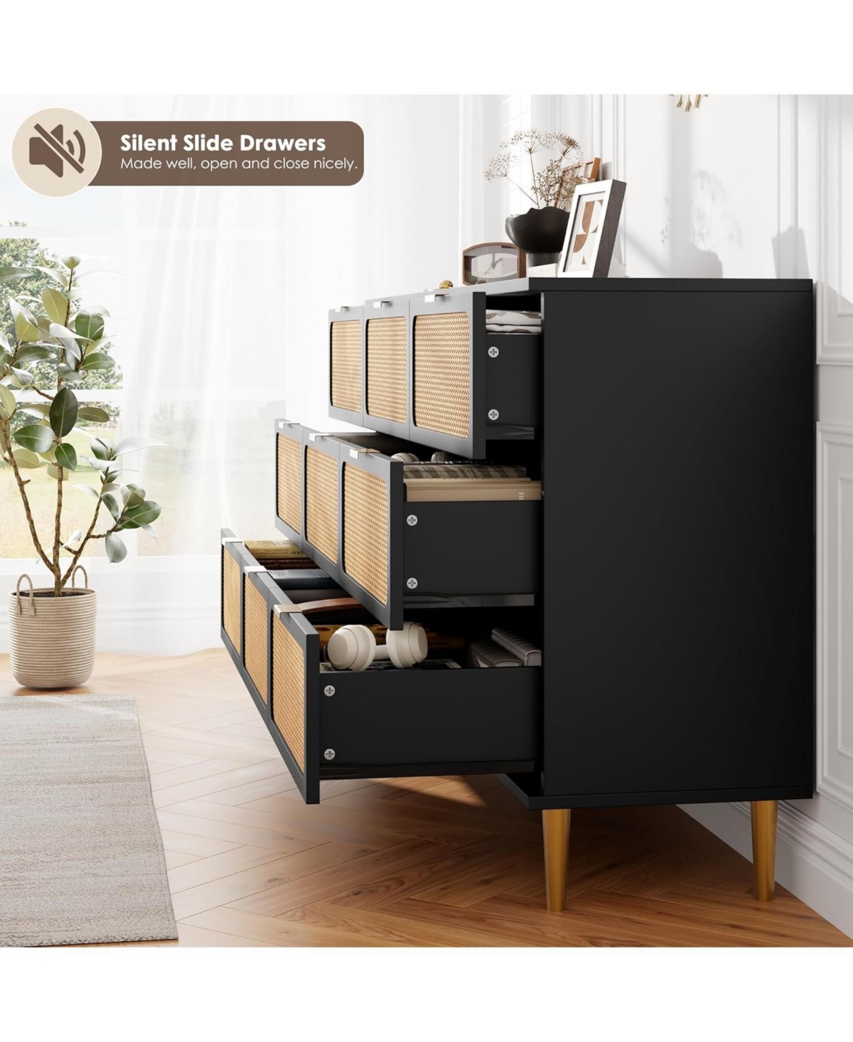 gaomon Rattan 9 Drawer Dresser for Bedroom, Tall Chest of Drawers with Deep Storage and Wide Top