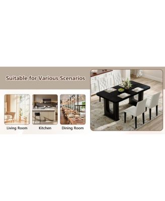 Furniture Stylish Black Wood Textured Dining Table and 4 White PU Chairs Set.