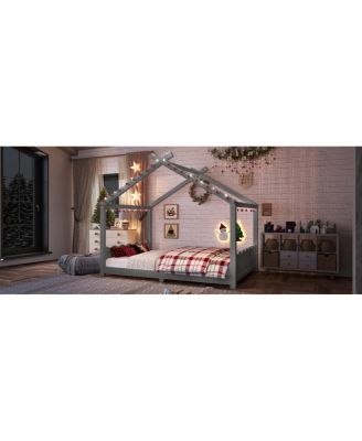 Full House Floor Bed with Support Slats, Solid Wood House Bed Frame for Kids, Gray