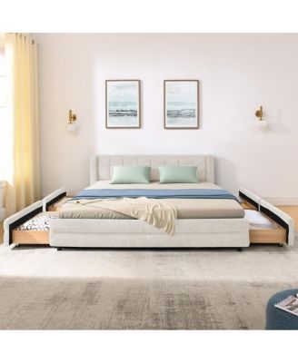 Queen Size Chenille Upholstered Bed Frame with Storage Drawer - Beige