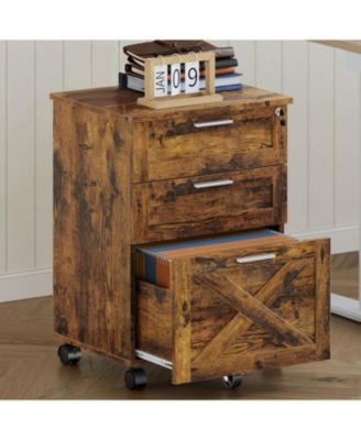3-Drawer Rolling File Cabinet with Lock, Wooden Mobile Filing Cabinet for Home Office & Under Desk Storage, Rustic Brown